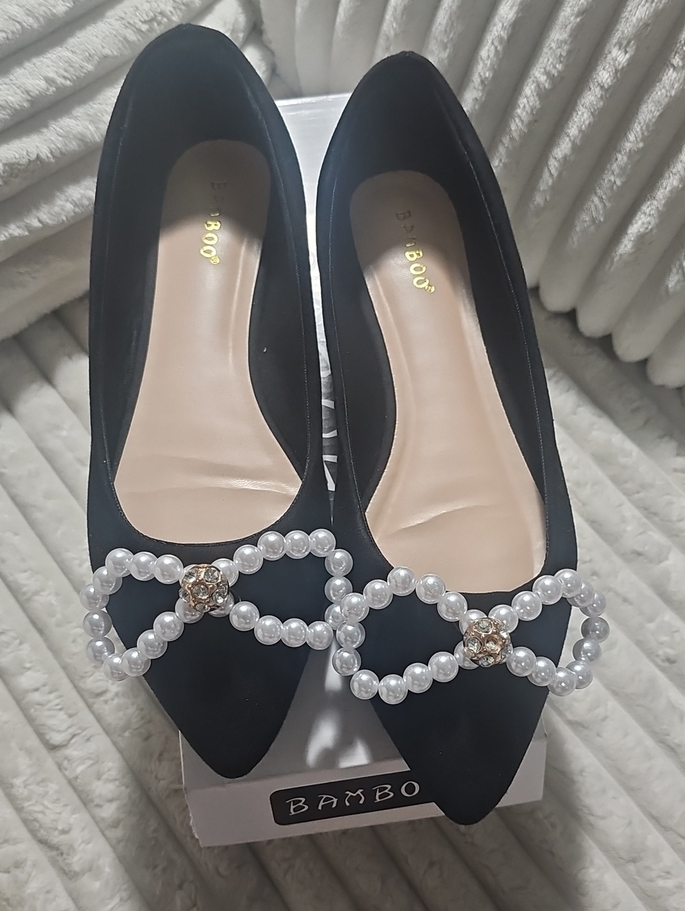BAMBOO Black Pointed Pearl-Embellished Flats